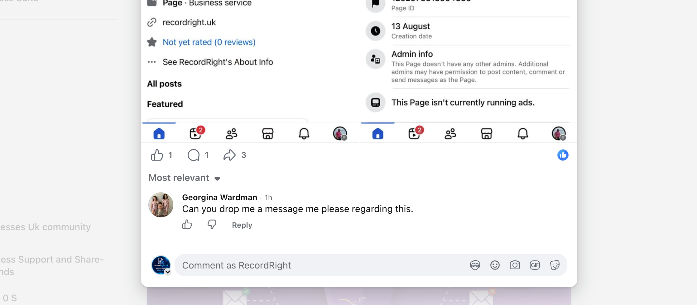 Public proof image: screenshot dated 10 September 2026 showing a comment from Georgina Wardman asking to be messaged regarding the post.