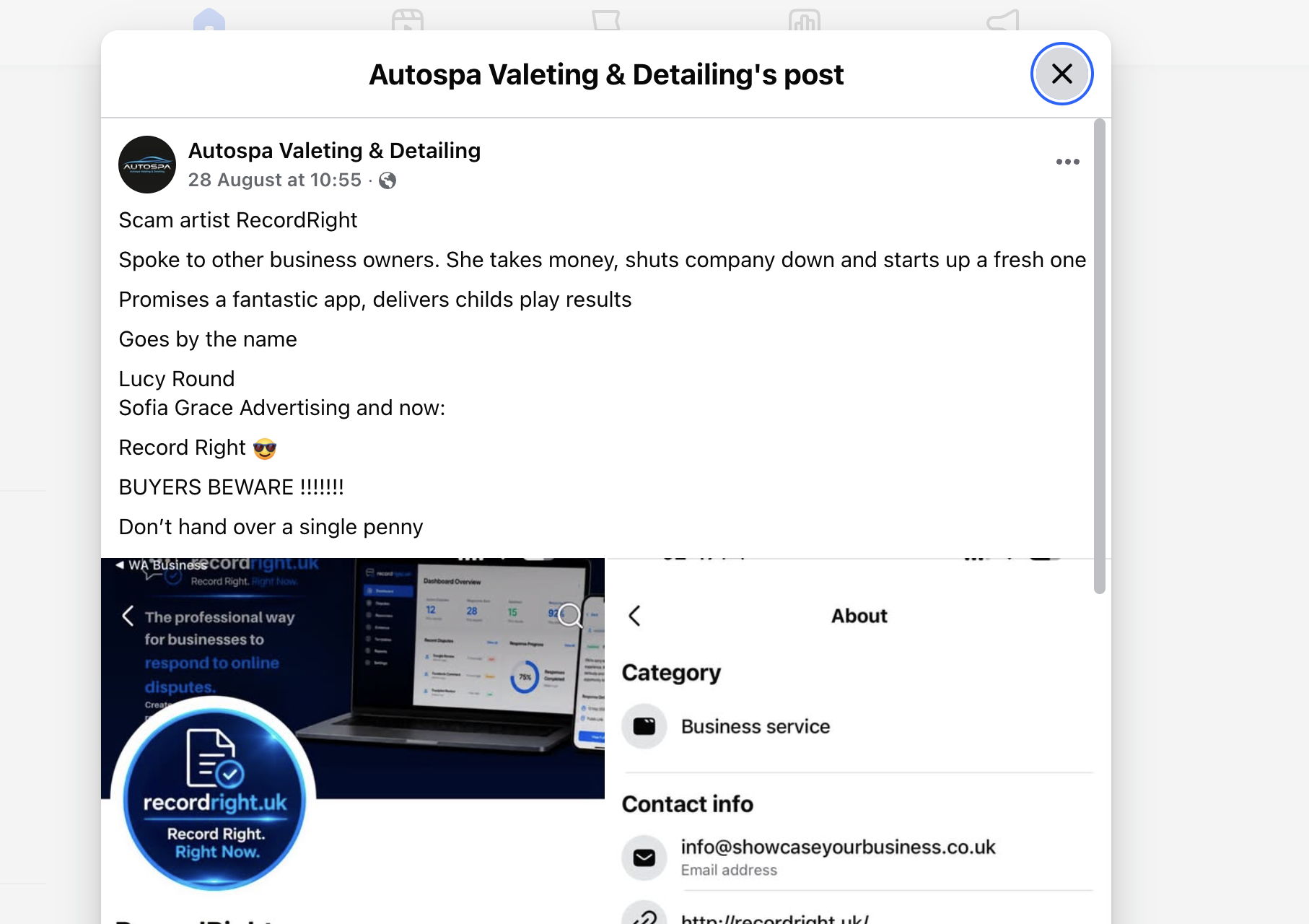 Public proof image: Facebook post screenshot dated 10 September 2026, recording a third-party business page post referring to RecordRight, Lucy Round and Sofia Grace Advertising.