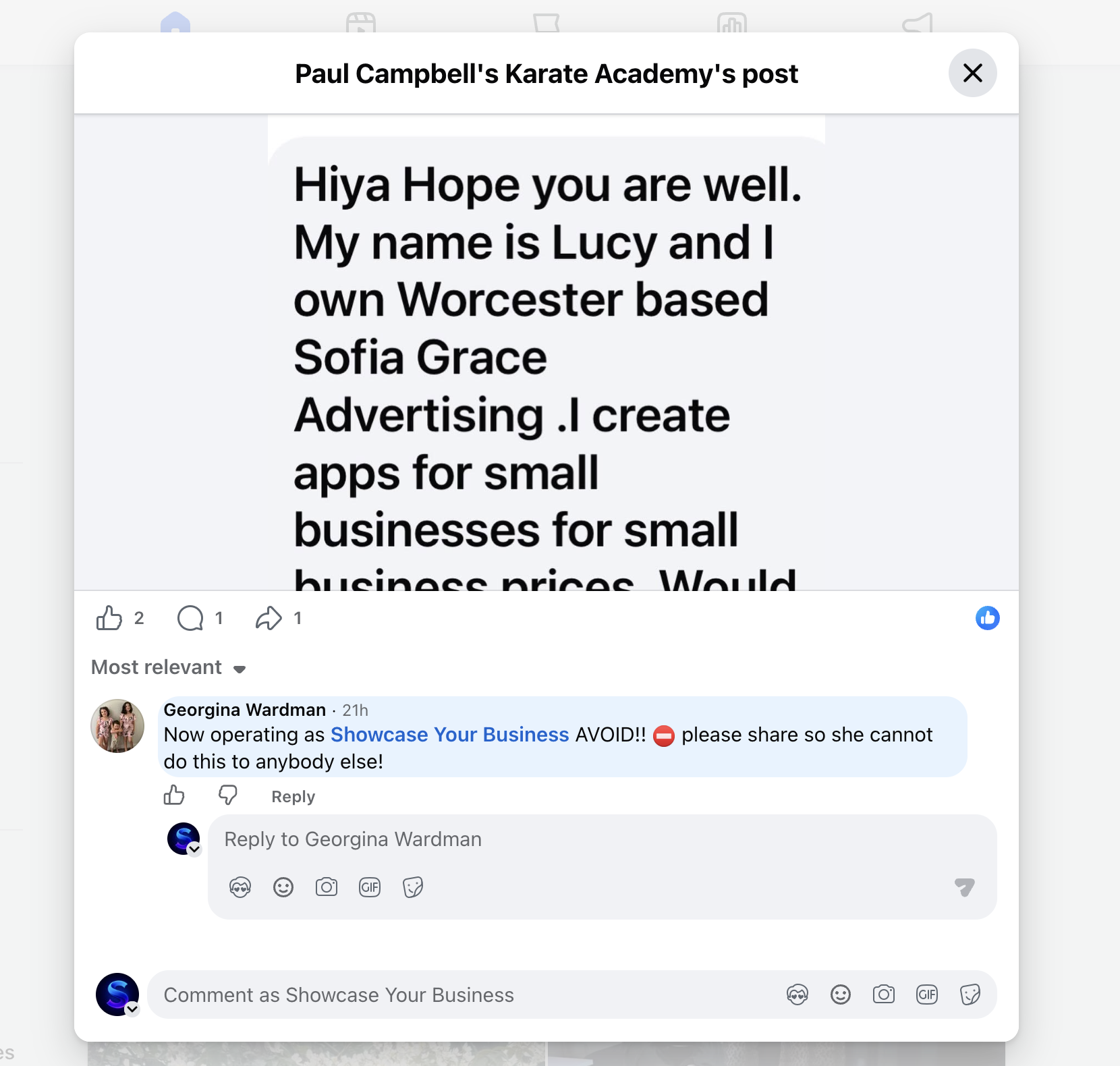 Public proof image: screenshot dated 10 September 2026 showing a comment on a Paul Campbell's Karate Academy post referring to the publisher operating as Showcase Your Business.