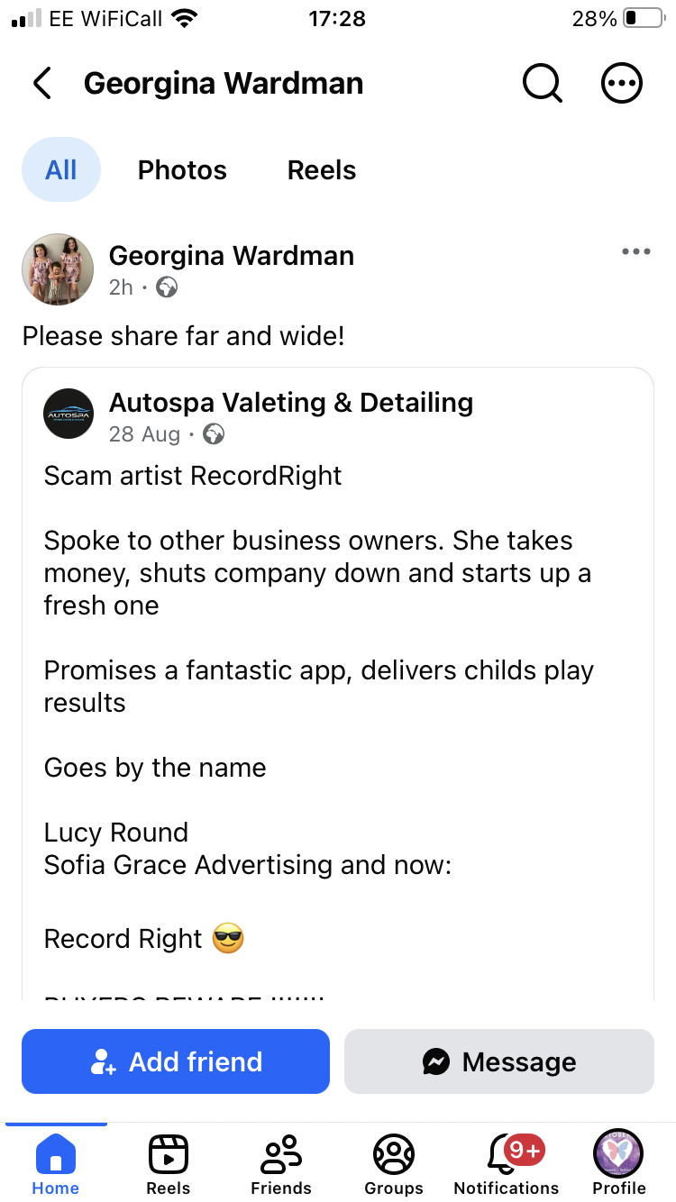 Public proof image: screenshot dated 10 September 2026 showing Georgina Wardman resharing the Autospa Valeting & Detailing post with a request to share it widely.