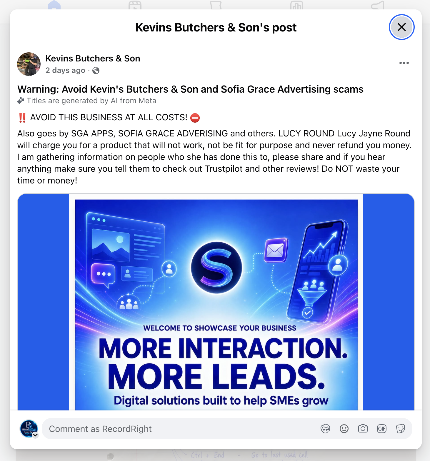 Public proof image: screenshot of Kevin's Butchers & Son public Facebook post identified on 13 September 2026. The post appears to have been